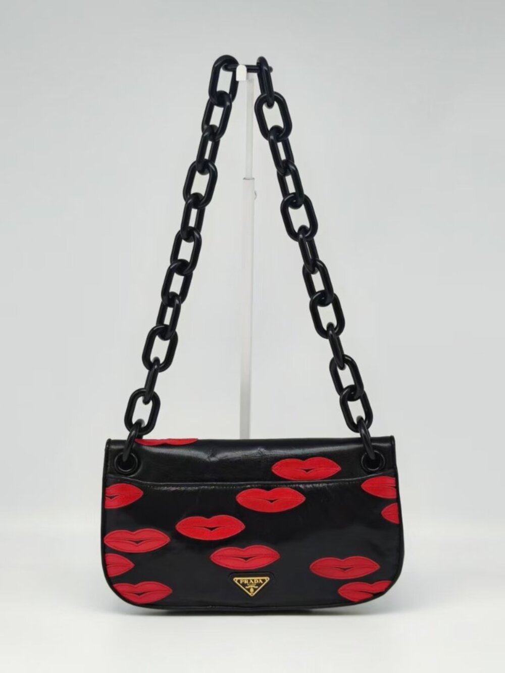 Prada Lips Print Leather Chain Shoulder Bag Black Red Turn Lock Flap
